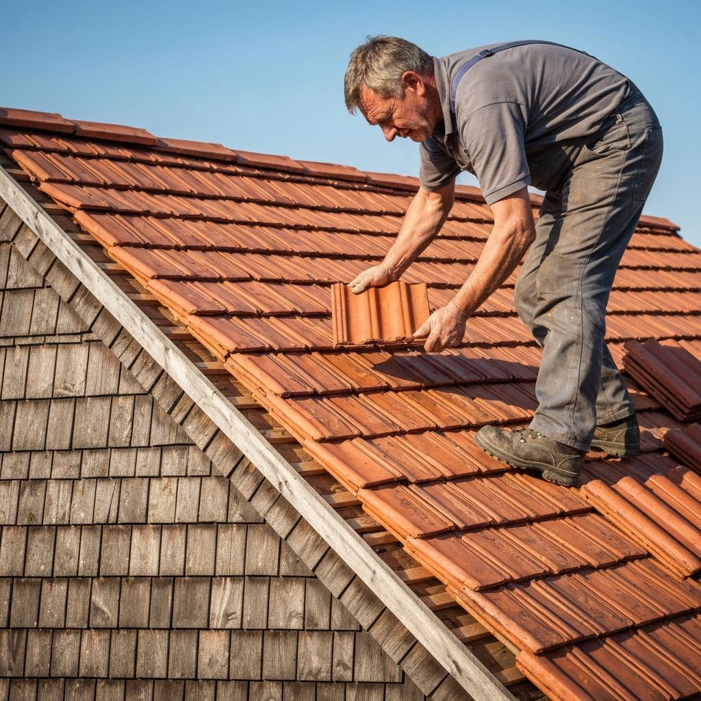 Dachdecker bei der Arbeit – Eindeckung mit Dachziegeln
